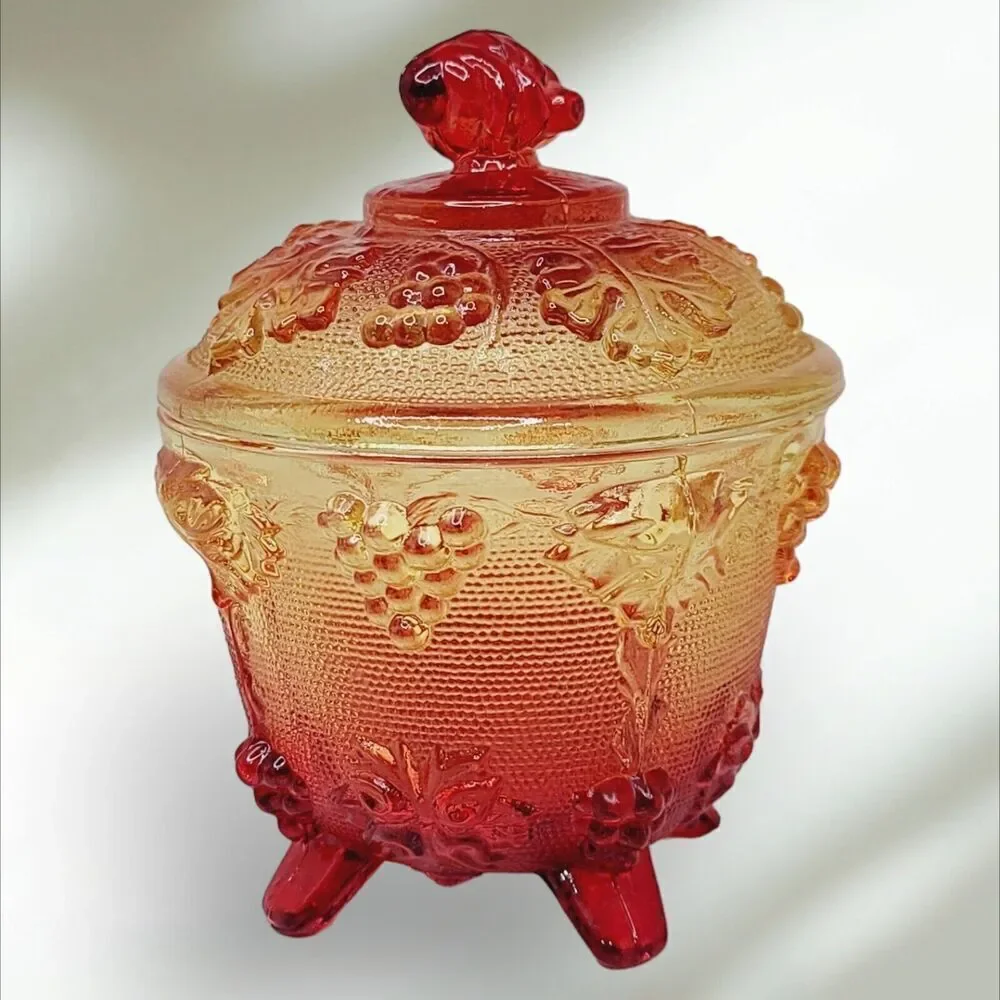 VTG Jeannette Harvest Grapes‎ Amber Red Carnival Glass Footed Covered Candy Dish